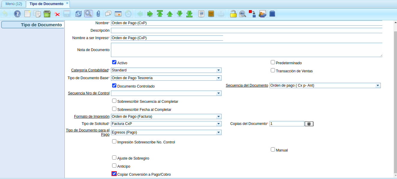 checklist copiar conversión a pago cobro del tipo de documento orden de pago