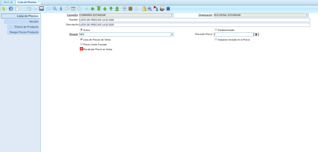Checklist Recalcular Precio en Venta 1