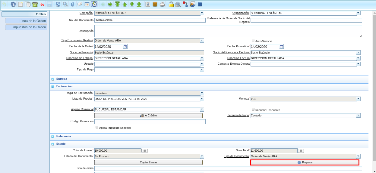 Opción Preparar Orden de Venta con Recalcular Destildado