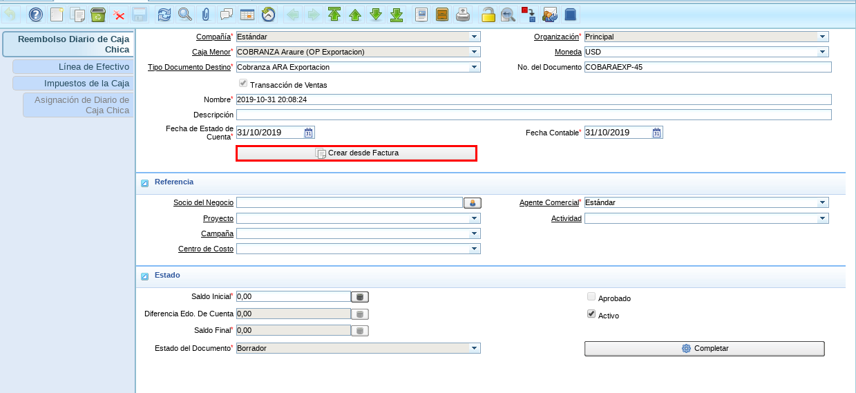 Opción Crear desde Factura