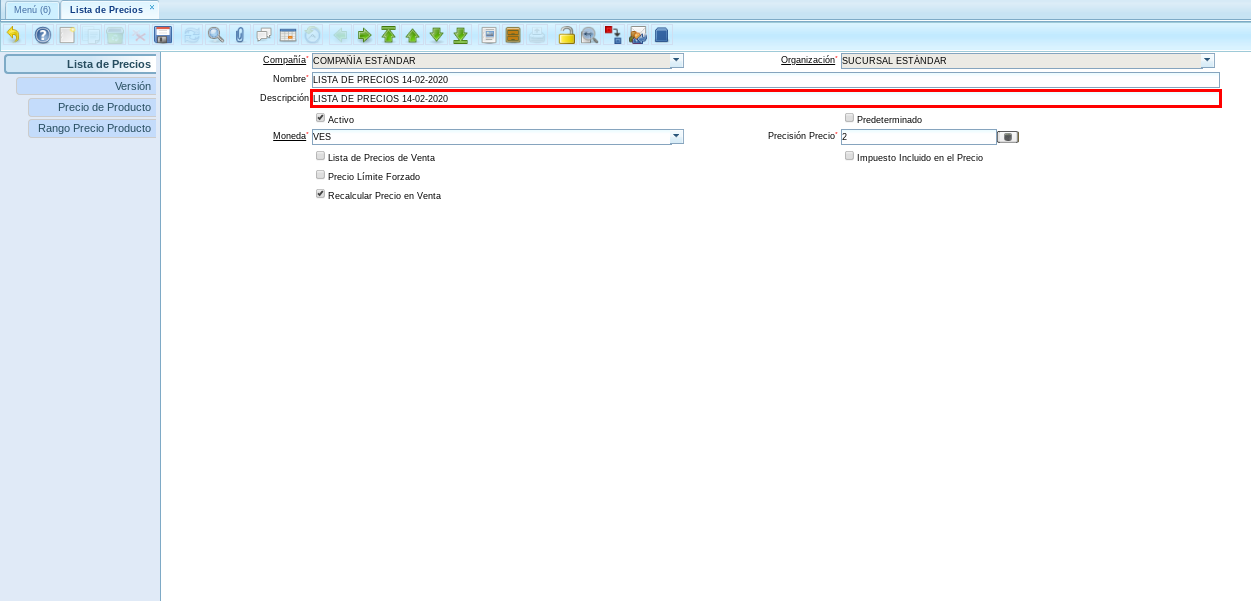 Campo Descripción de la Lista de Precios 1
