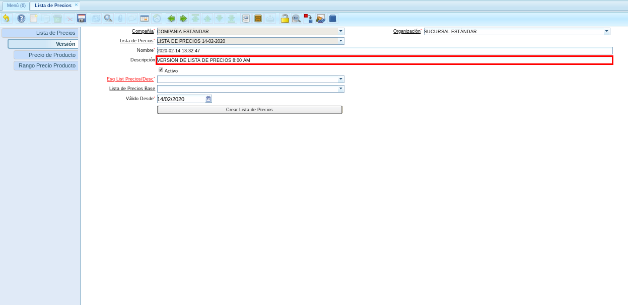 Campo Descripción de la Versión