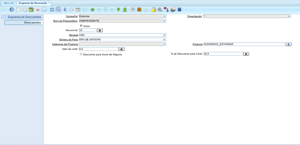Pestaña de Descuentos en Moneda USD