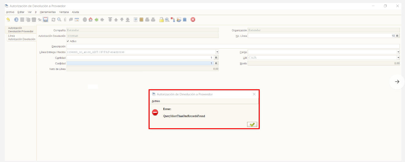 Error al ingresar línea de entrega / recibo