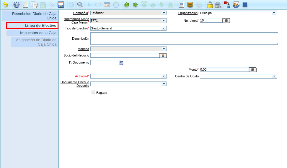 Pestaña Línea de Efectivo
