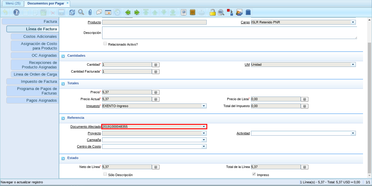 Pestaña Línea de la Factura