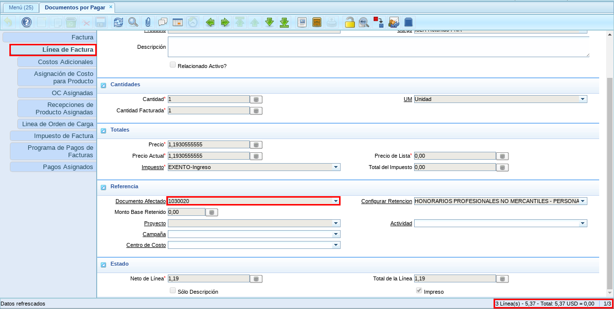 Pestaña Línea de la Factura