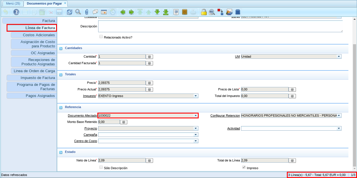 Pestaña Línea de la Factura