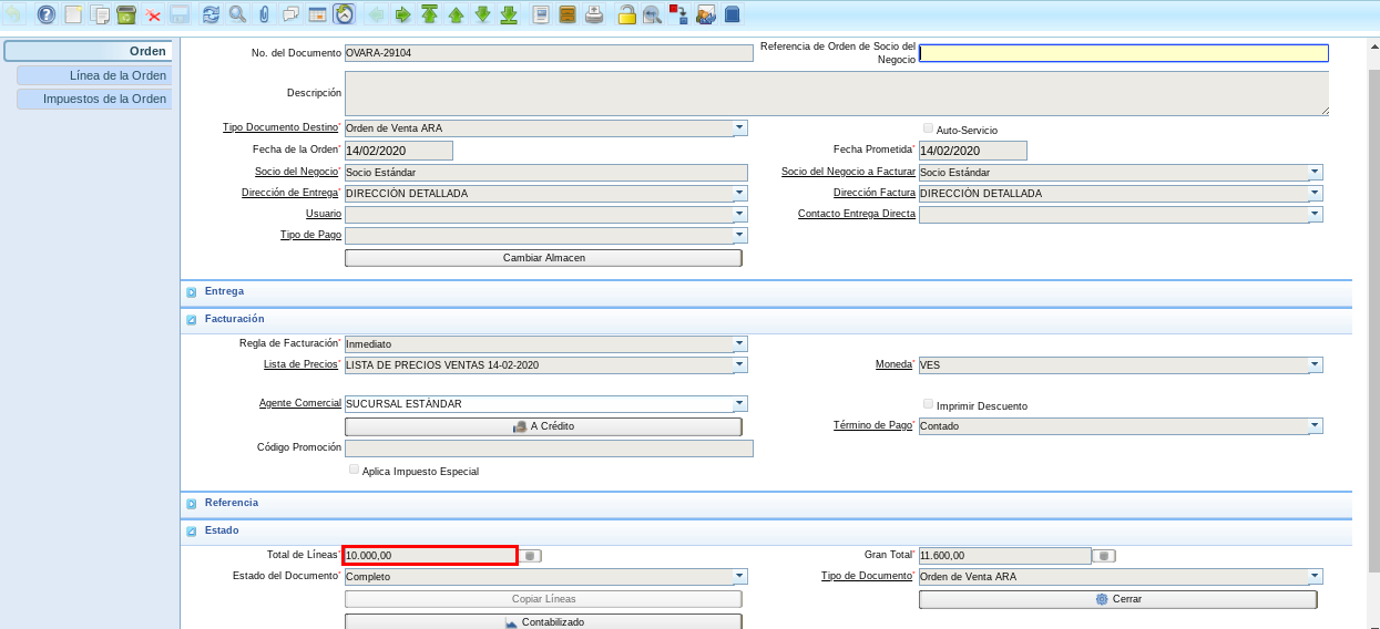Monto No Actualizado de la Orden de Venta 1