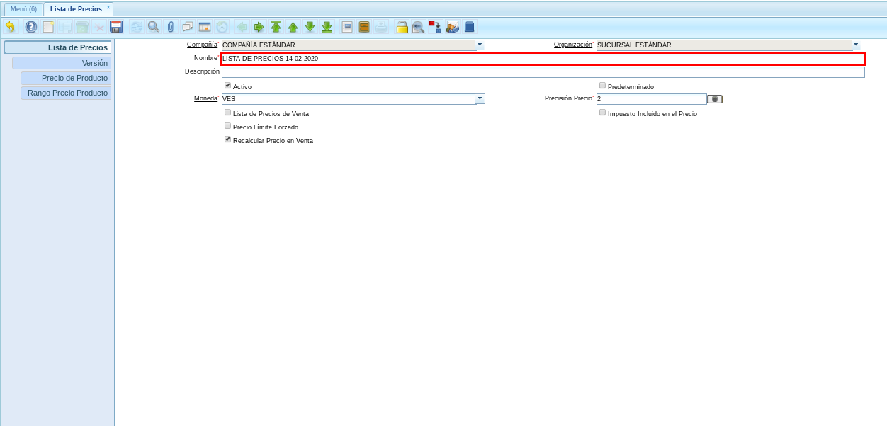Campo Nombre de la Lista de Precios 1