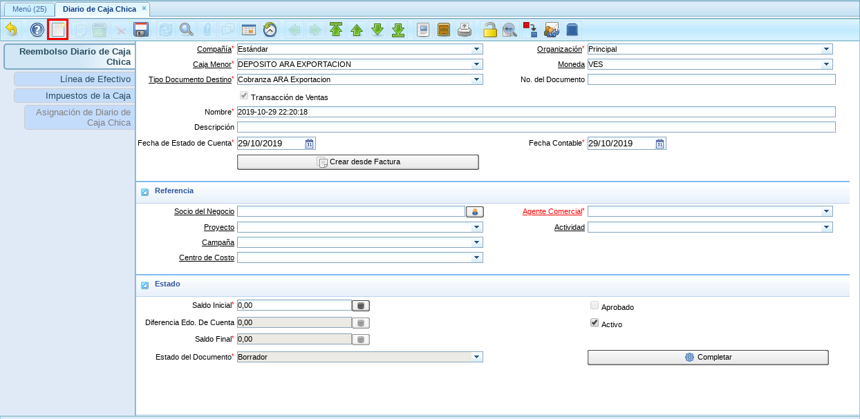 Icono Registro Nuevo de la Ventana Reembolso Diario de Caja Chica