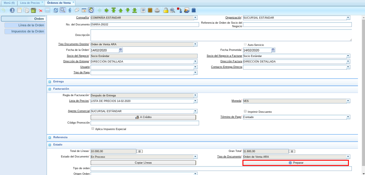 Opción Preparar Orden de Venta 2