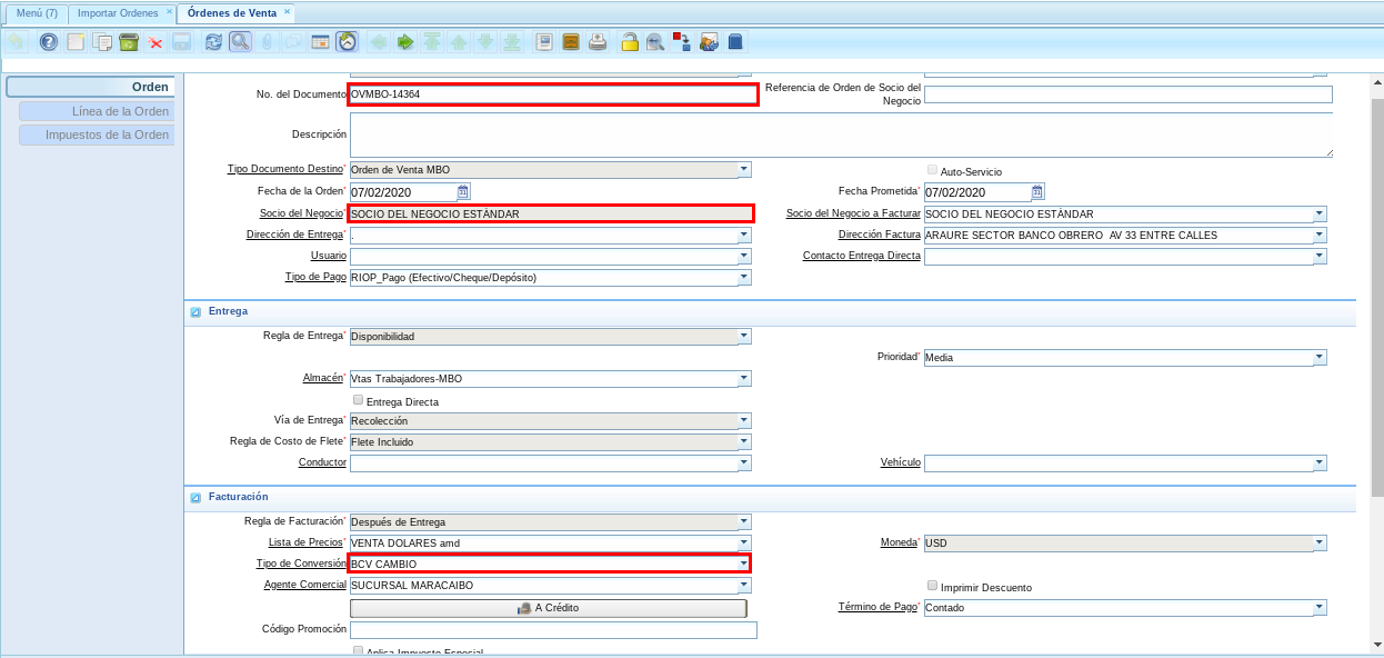 Orden de Venta Importada con Tipo de Conversión con el Checklist Predeterminado Destildado