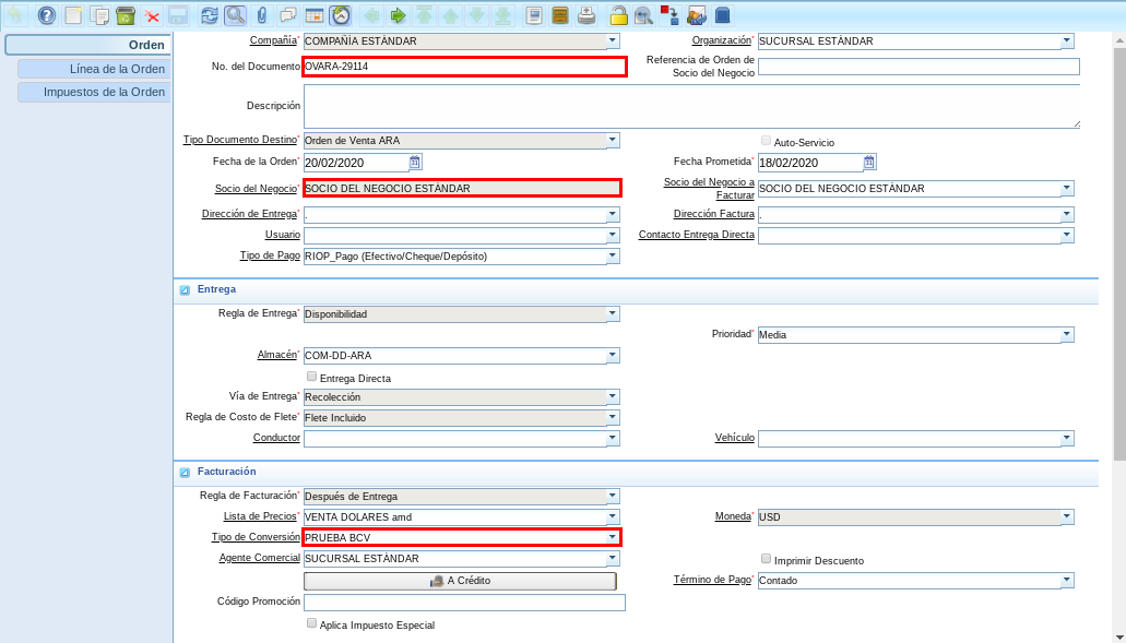 Orden de Venta Importada con Tipo de Conversión con el Checklist Predeterminado Tildado