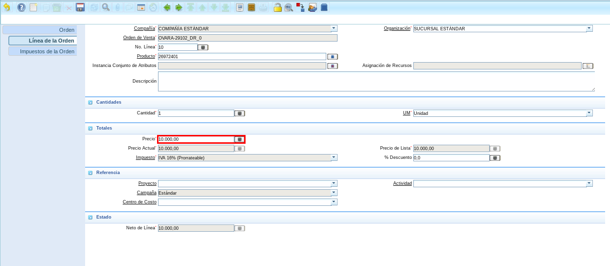 Pestaña Línea de la Orden