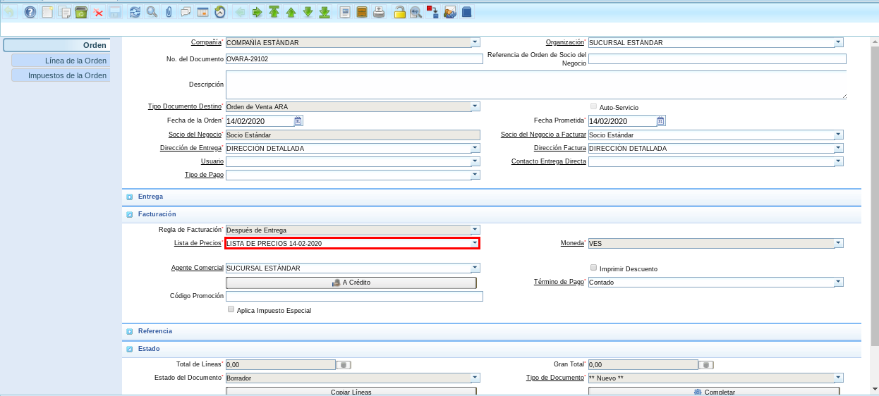 Pestaña Orden de Venta 1