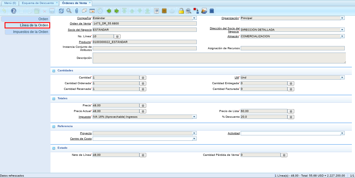 Pestaña Línea de la Orden