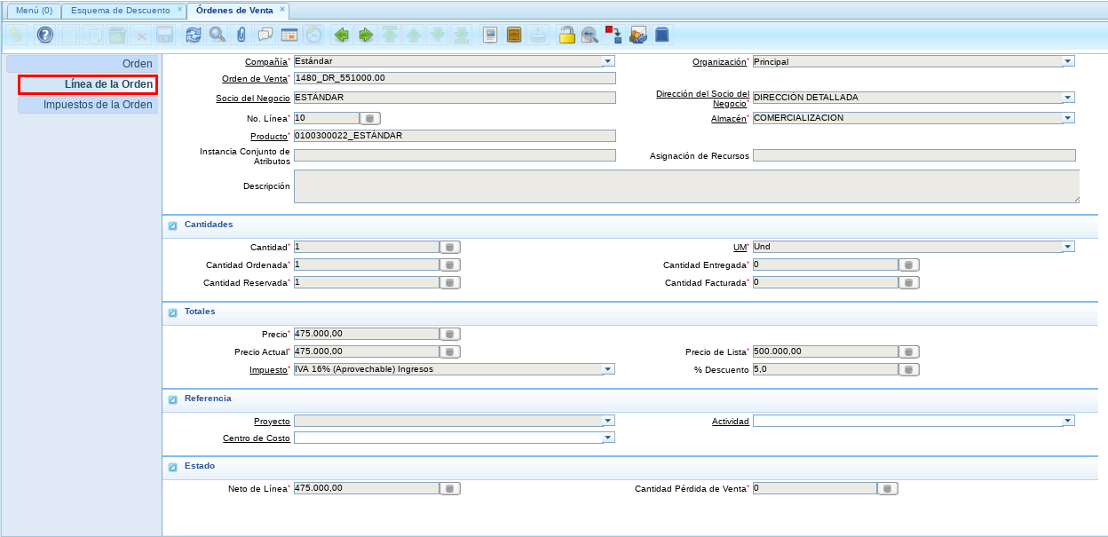 Pestaña Línea de la Orden