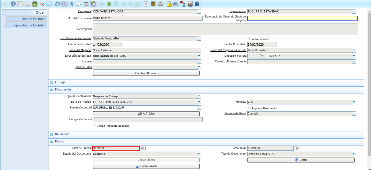 Monto Actualizado de la Orden de Venta 1