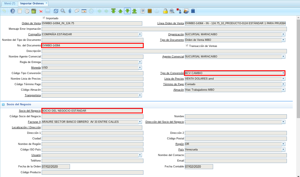 Registro de Importador de Órdenes con Tipo de Conversión con el Checklist Predeterminado Destildado