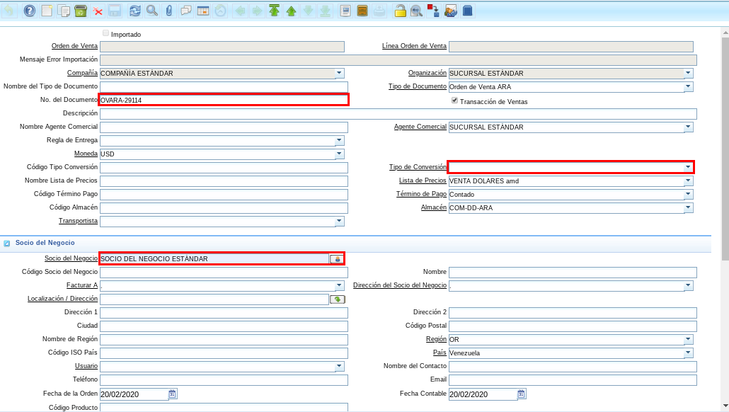 Registro de Importador de Órdenes con Campo Tipo de Conversión en Blanco y con Checklist Tildado
