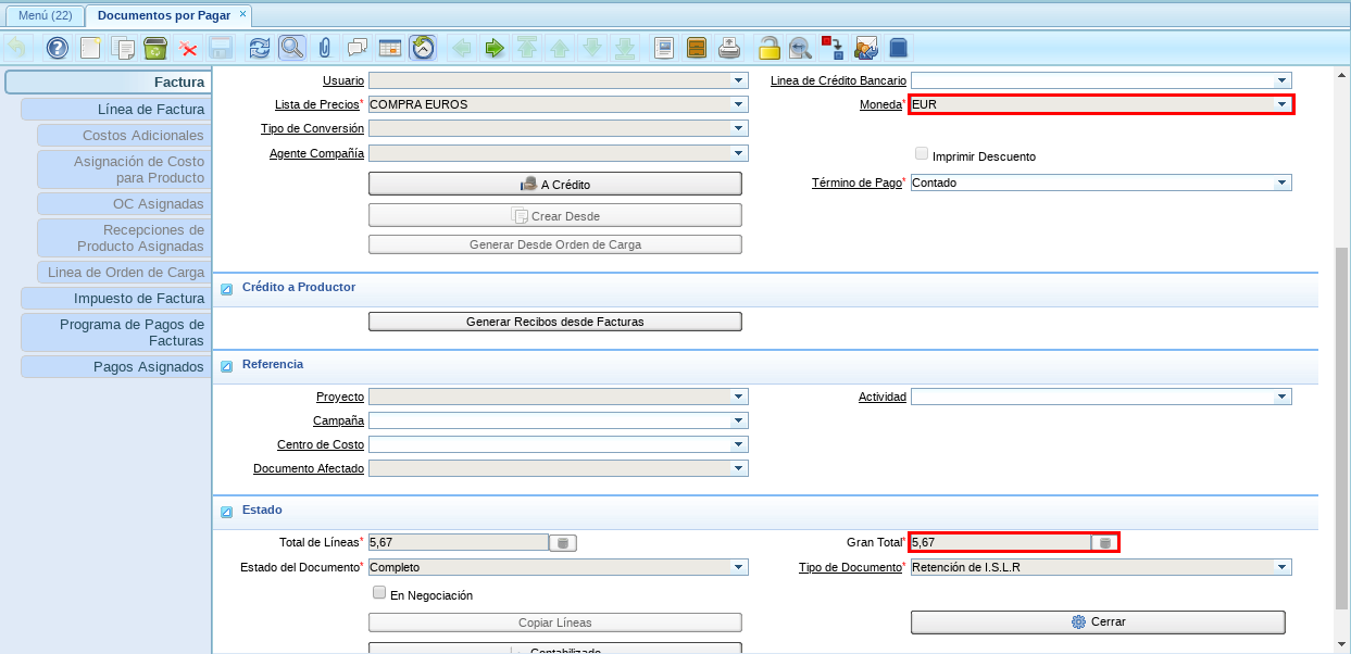 Documento de Retención en Moneda EUR