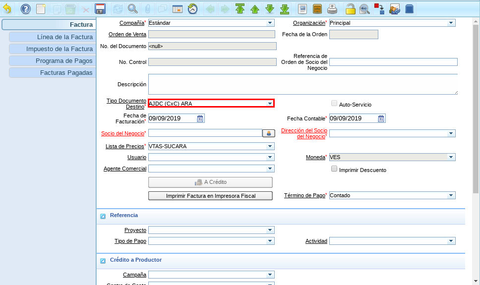 Campo Tipo de Documento Destino