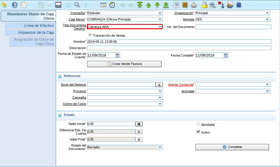 Campo Tipo de Documento Destino