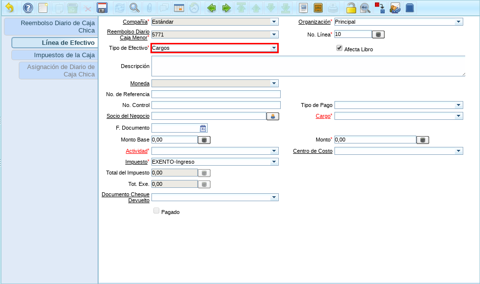 Campo Tipo de Efectivo
