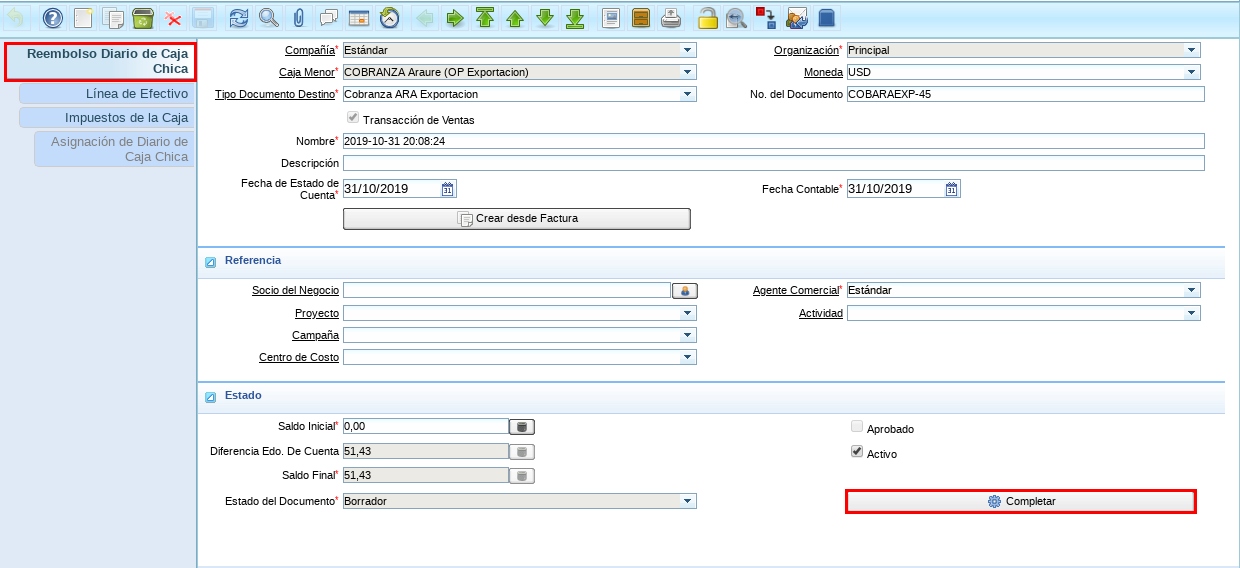 Ventana Reembolso Diario de Caja Chica