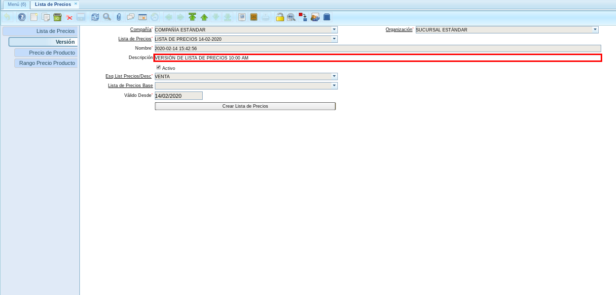 Versión de Lista de Precios 2
