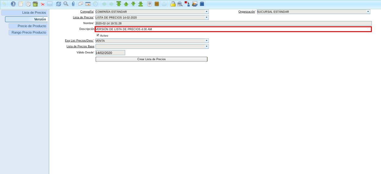 Versión de Lista de Precios 4