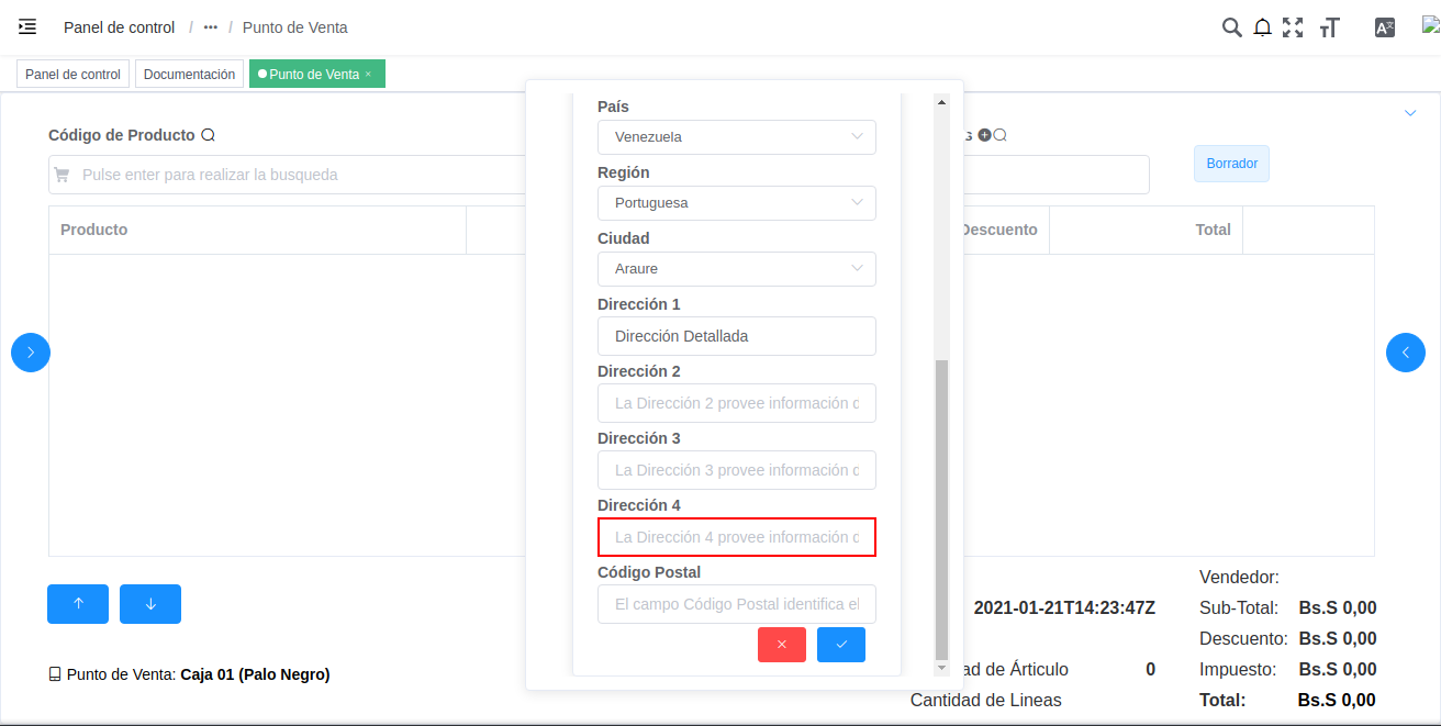 campo dirección cuatro de localización del registro nuevo del cliente