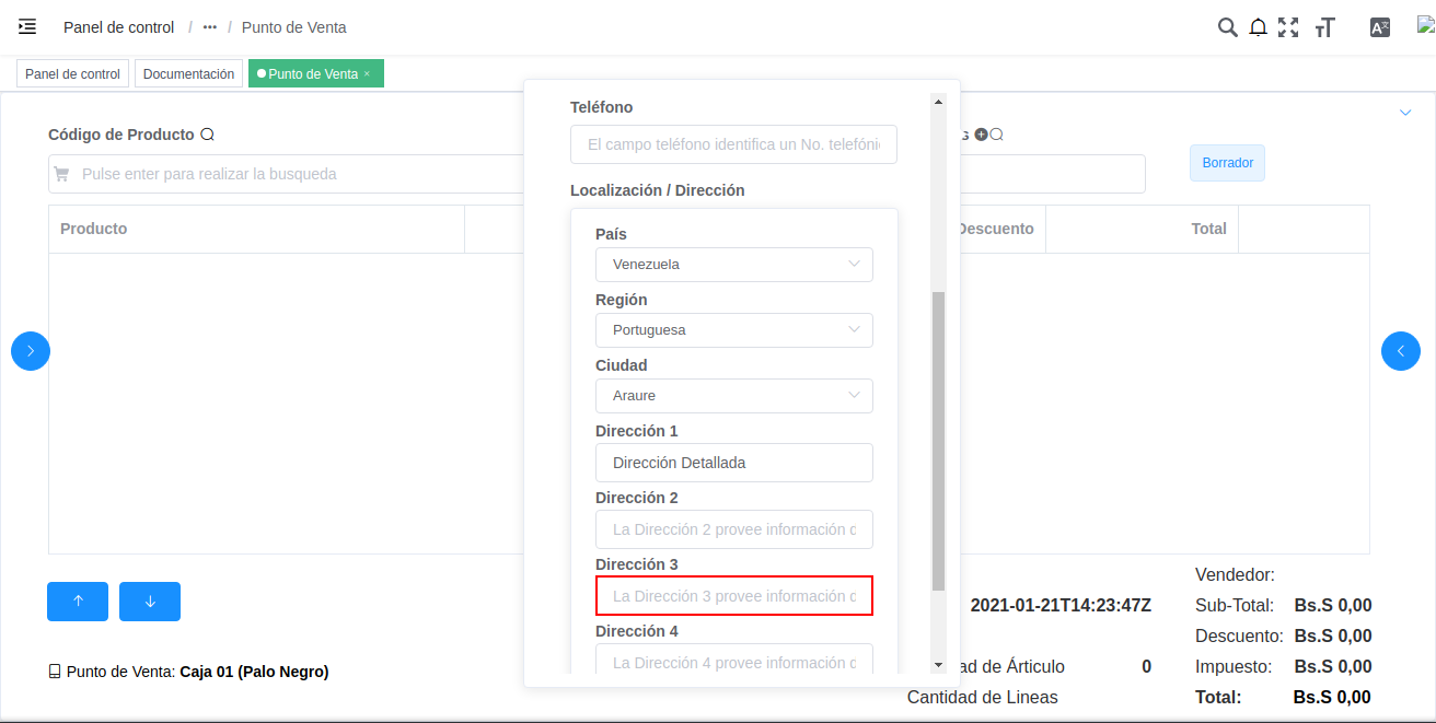 campo dirección tres de localización del registro nuevo del cliente