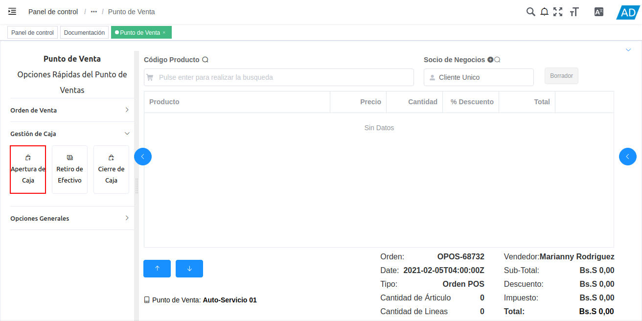 opción apertura de caja