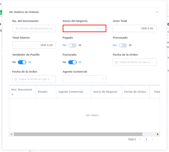campo socio del negocio de la ventana histórico de órdenes