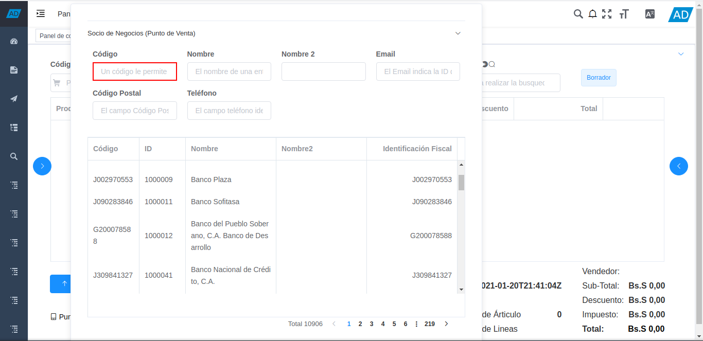 campo de la ventana de búsqueda de socios del negocio