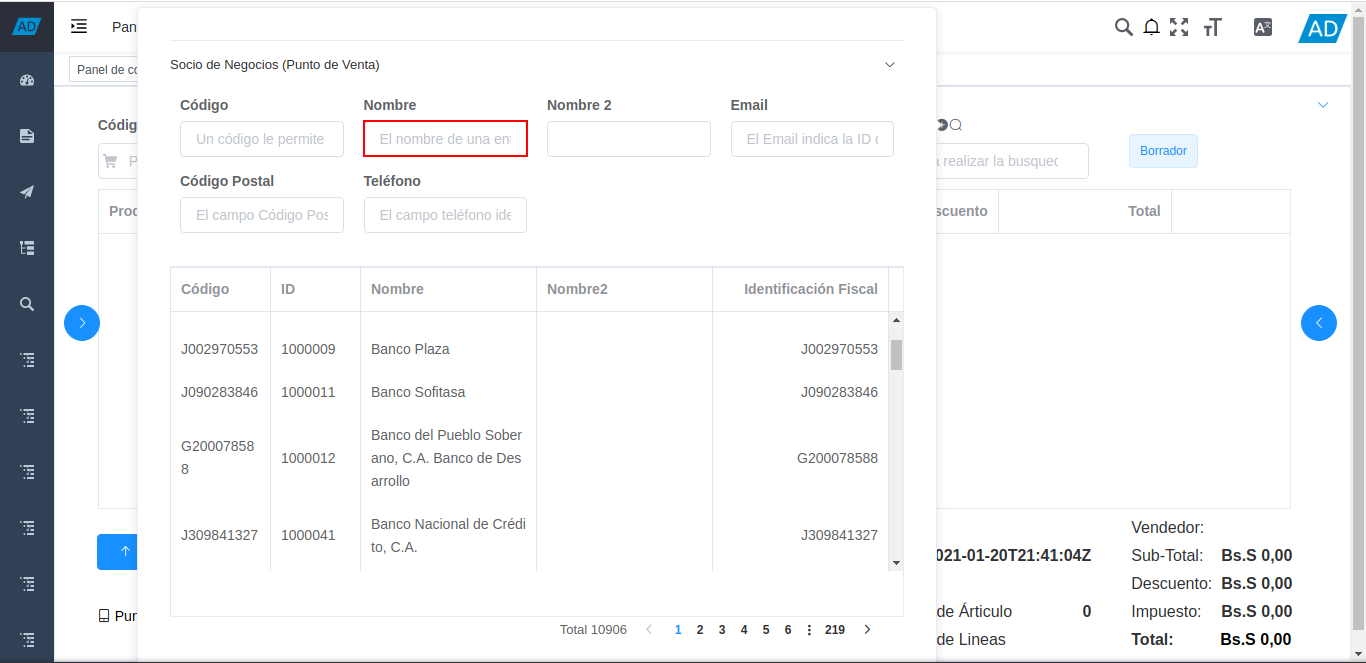 campo nombre de la ventana de búsqueda de socios del negocio
