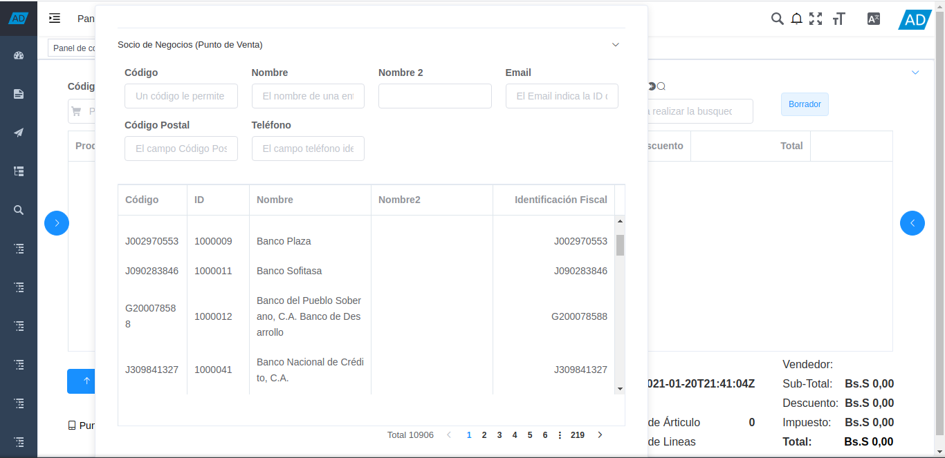 ventana de búsqueda de socios del negocio