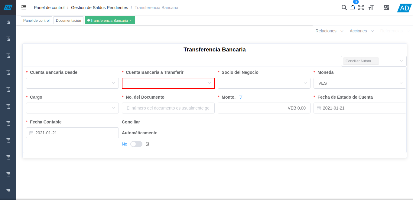 Campo Cuenta Bancaria a Transferir