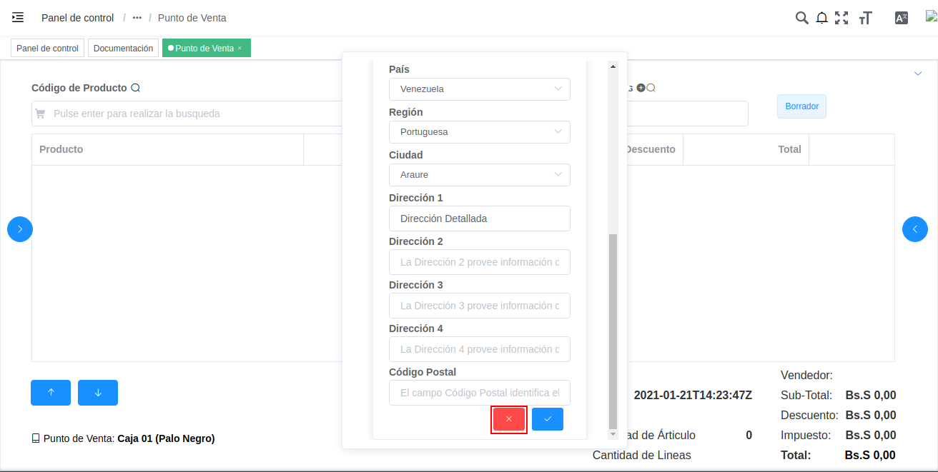 opción cancelar del registro nuevo del cliente
