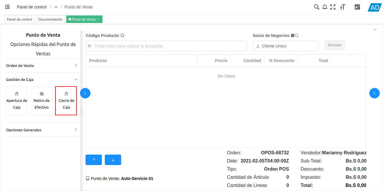 opción cierre de caja