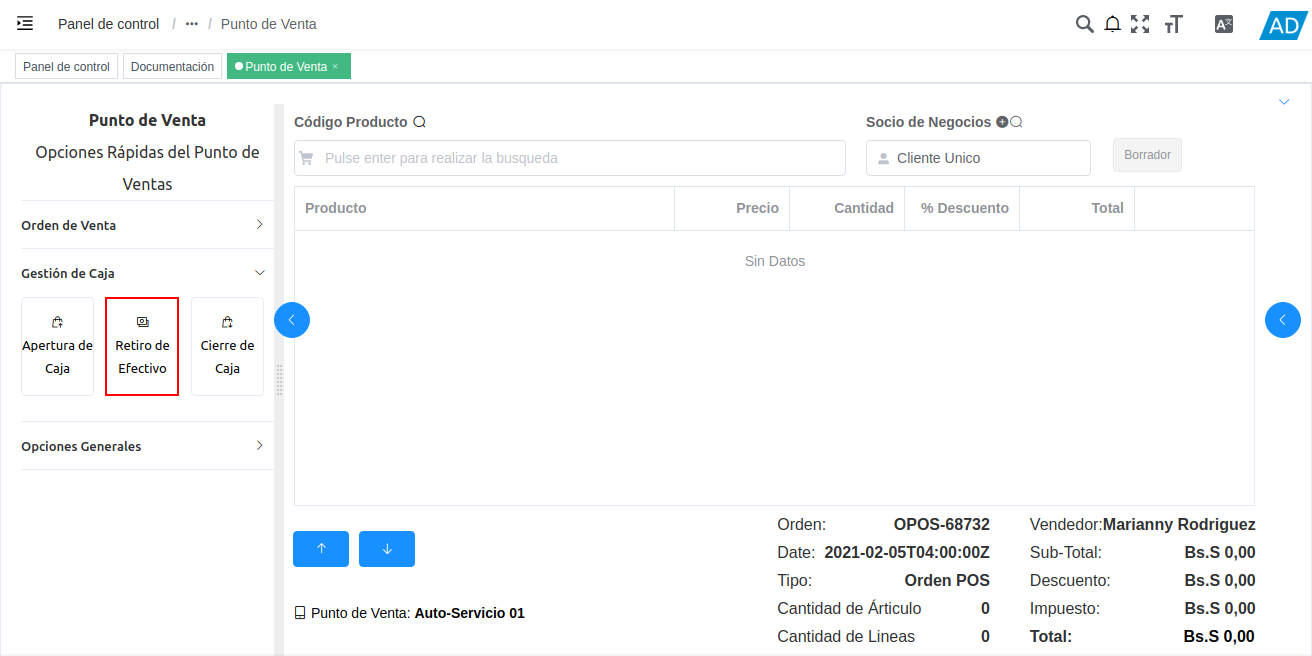 opción retiro de efectivo