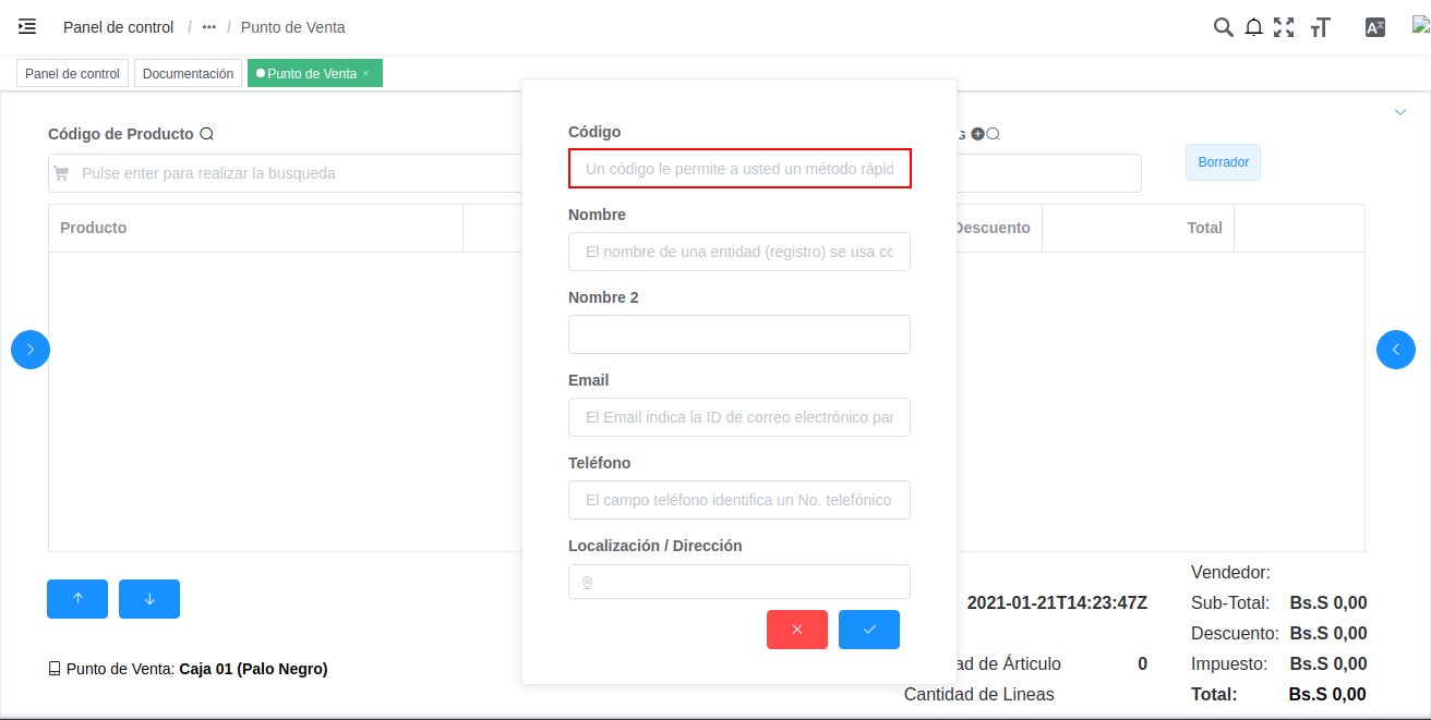 campo código del registro nuevo del cliente