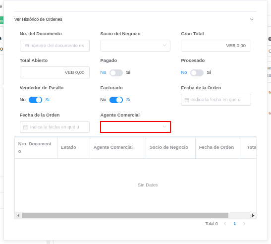 campo agente comercial de la ventana histórico de órdenes