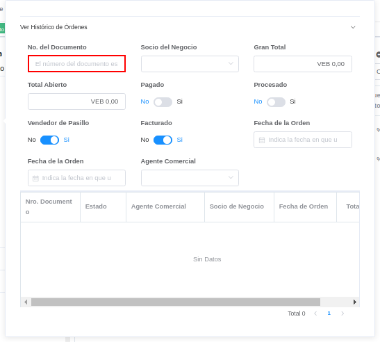 campo número del documento de la ventana histórico de órdenes