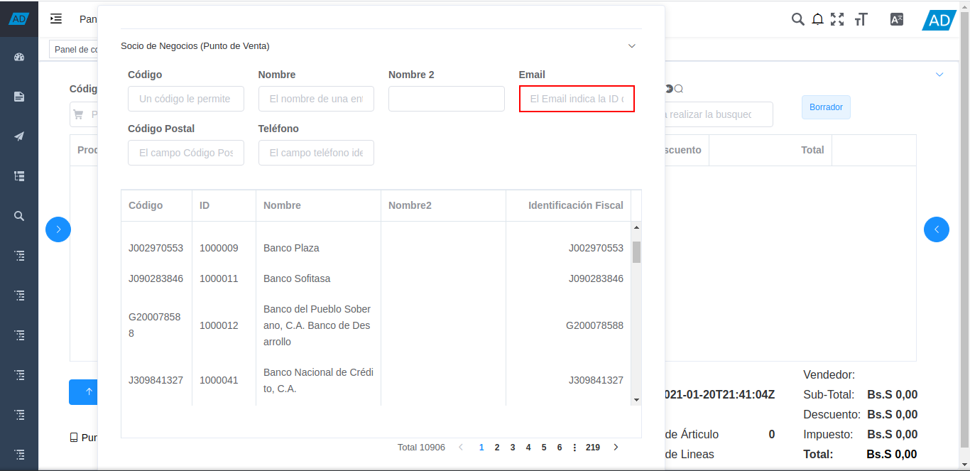 campo email de la ventana de búsqueda de socios del negocio