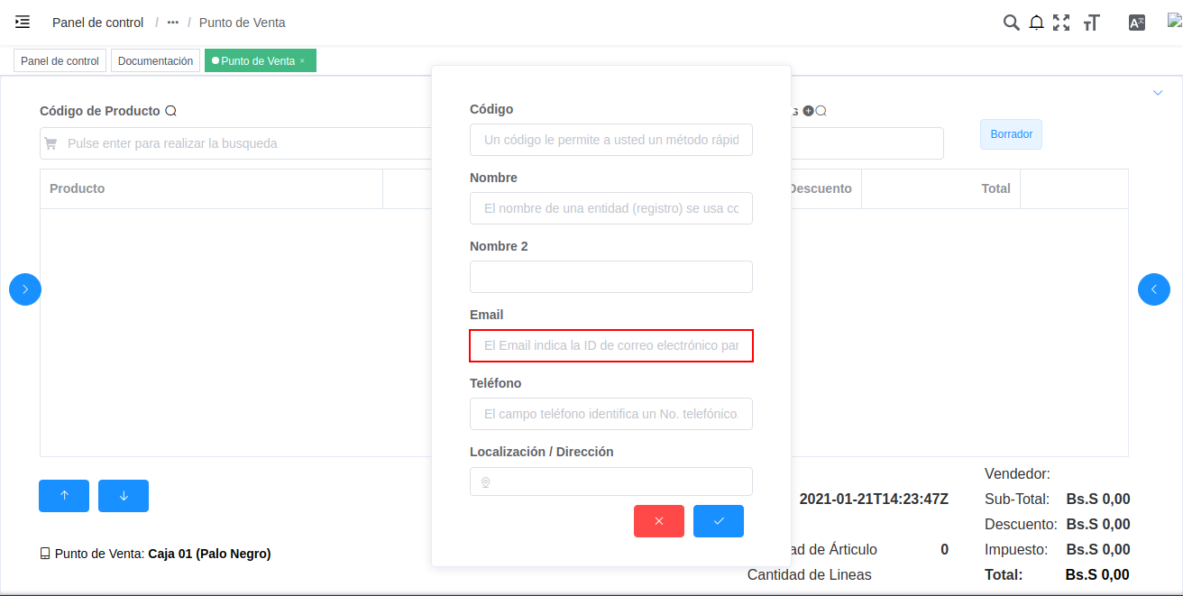 campo email del registro nuevo del cliente