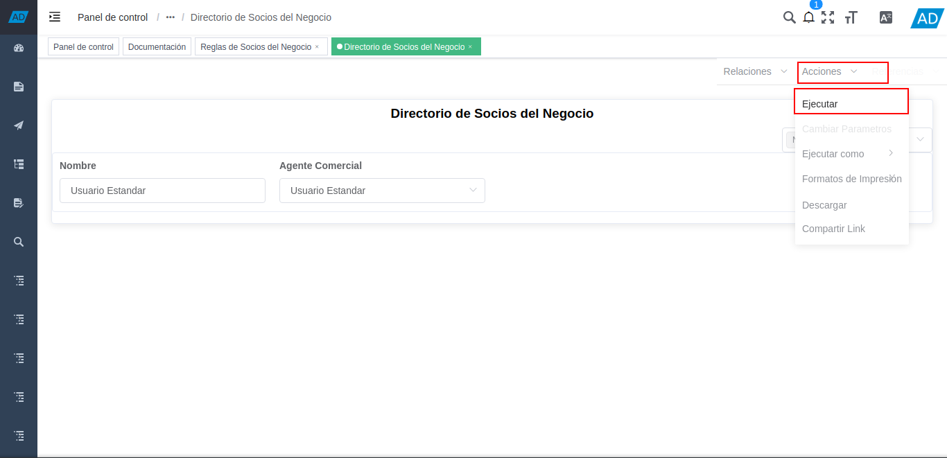 acción ejecutar del reporte directorio de socios del negocio