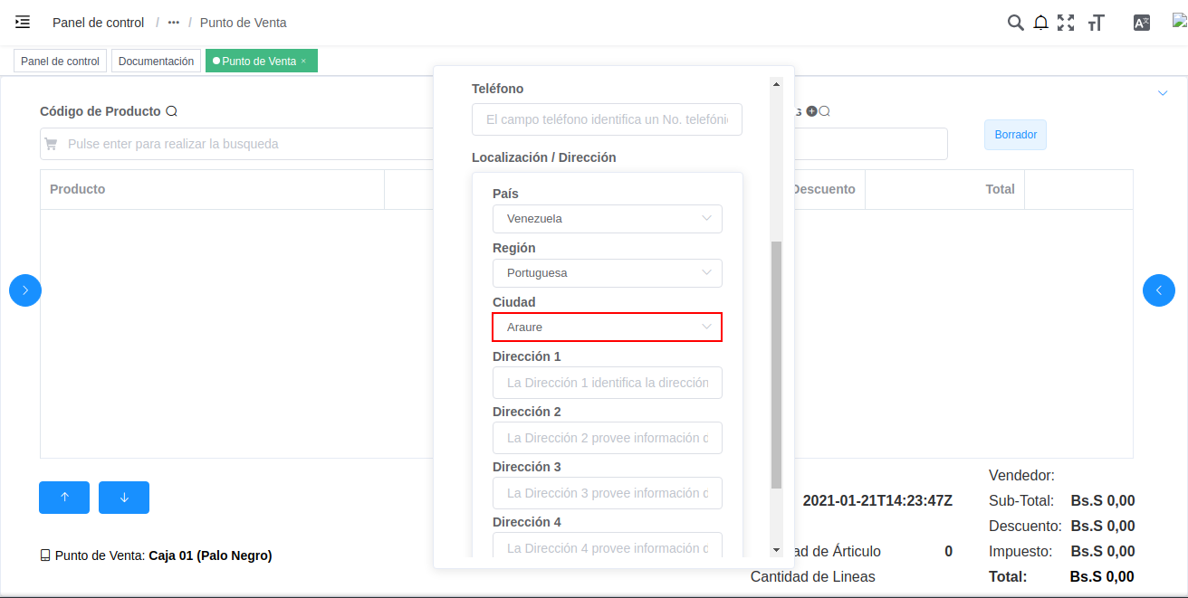 campo ciudad de localización del registro nuevo del cliente